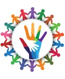 Illustration of diverse figures holding hands around a circle symbolizing collective action and equity